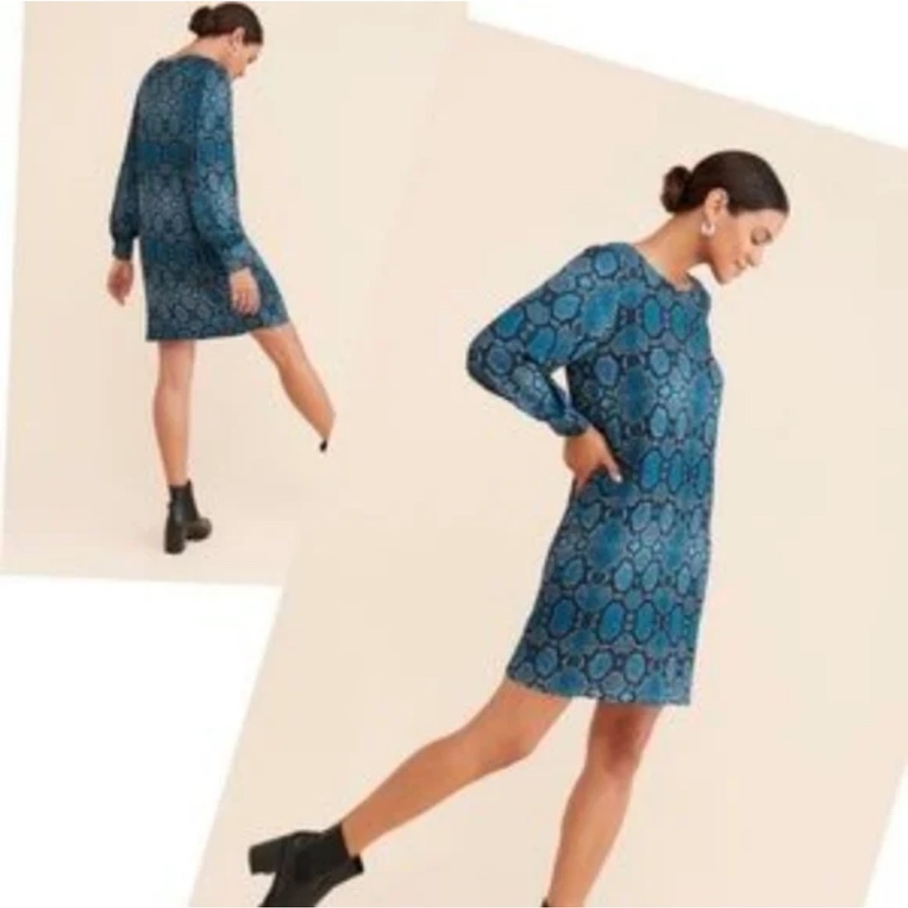 ICHI snake print blue teal long sleevesā shift viscose dress Sz S